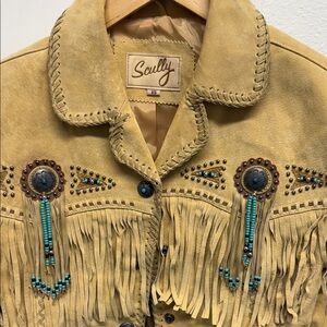 Scully Beige Beaded Conch Suede Fringe Leather Jacket XS